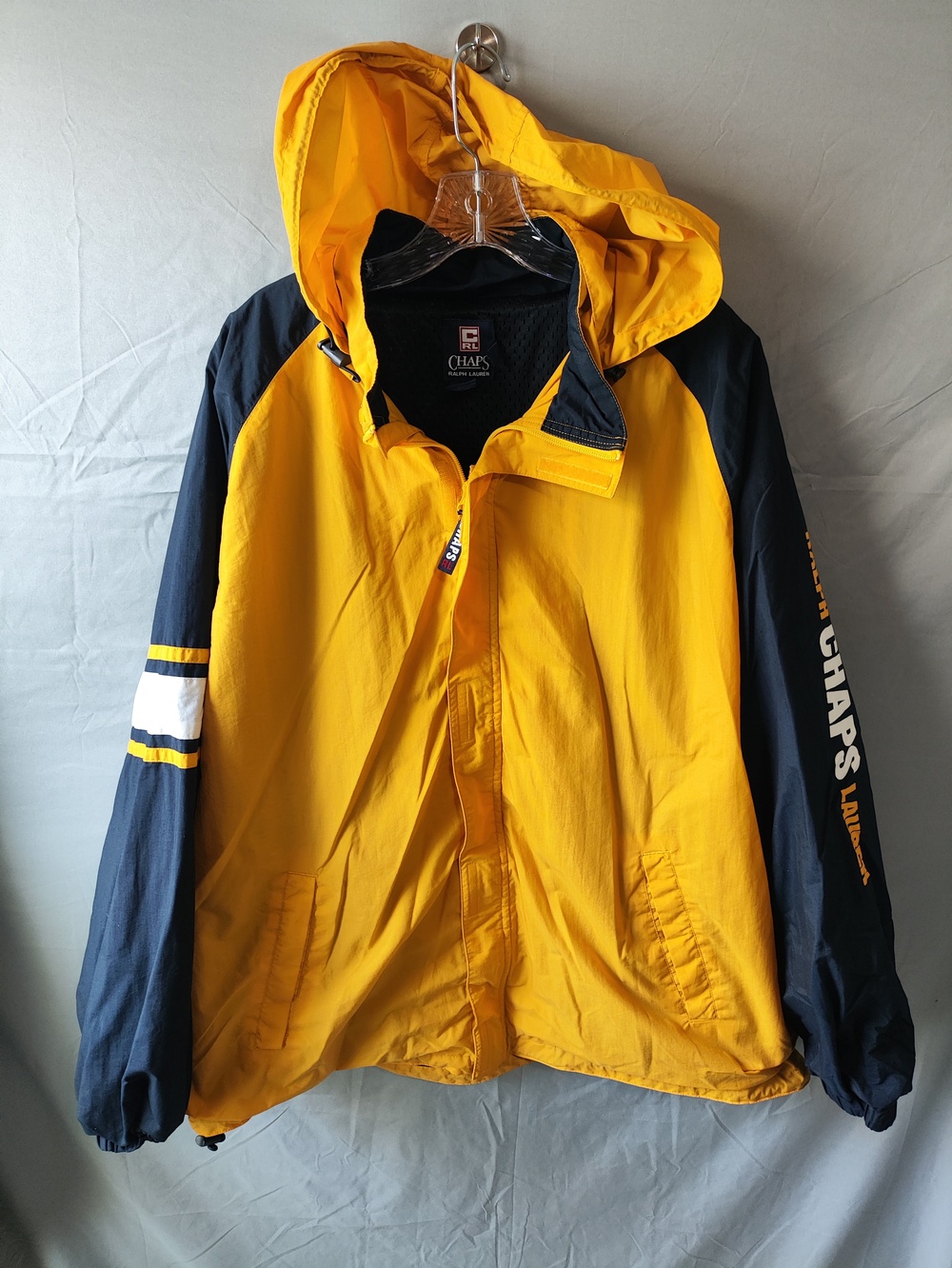 Chaps Ralph Lauren Jacket Mens XL Yellow Navy Hooded Windbreaker Nylon Spell Out